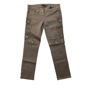 Just Cavalli Black Diamond Floral Brown Denim Slim Cropped Jeans Sz 26 NWT